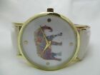 Elephant Colorful Floral Analog Wristwatch White Buckle Band Gold Tone