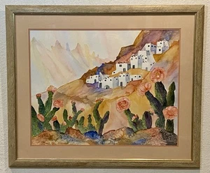 Vintage Original Pueblo Landscape New Mexico Watercolor Oil Painting FRAMED - Picture 1 of 15