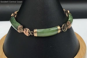 18K Marked, Low Karat Tested Gold Asian Style Link Bracelet W/ Chrysoprase - Picture 1 of 8