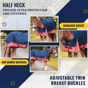 Lite Horse Turnout Navy/Red Water Resistant 600 Denier Rug Half Neck 5'3-6'9 - Picture 1 of 4