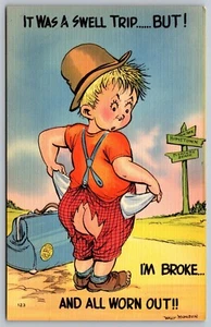 Postal de humor It Was A Swell Trip Butt I'm Broke bolsillos vacíos años 30 lino L1 - Imagen 1 de 2
