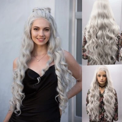 Pelucas delanteras de encaje blanco plateado pelucas sintéticas largas onduladas para fiesta y disfraces 24" Foto 1 de 4