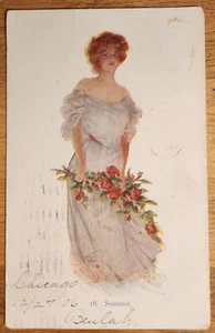 Glamour Woman with Roses "Summer" Postcard PC 1906 Nat'l Art company - Picture 1 of 1