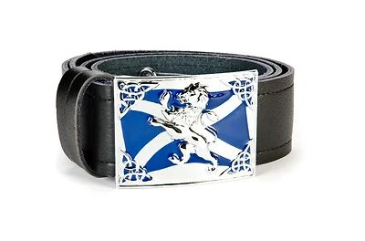 J. WOOD LEATHERS Rampant Lion Saltire Kilt Leather Kilt Belt and Buckle MG3 Chrome + Blue