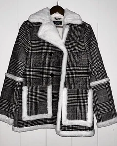 Coffeeshop Plaid Tweed Women L Peacoat Faux Fur Academia City Girl Preppy NEW - Picture 1 of 9