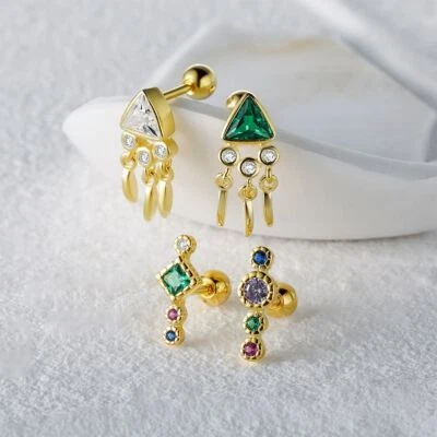 Colorful Zircon Piercing Earrings - 925 Sterling Silver Stud Earring Jewelry 1PC - Image 1 of 4
