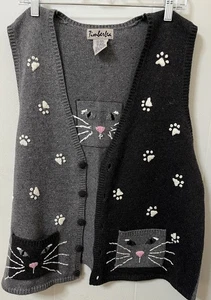 Vintage Timber Lea Gray Black Cat Sweater Vest Size XL - Picture 1 of 4