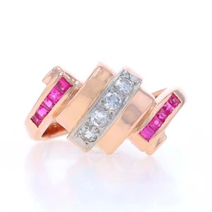 Oro Rosa Diamante Lab-Created Rubino Rétro By-Pass Anello - 14k .40ctw Vintage - Foto 1 di 8