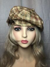 Plaid Beret Hat With Jewel And Feather Accent