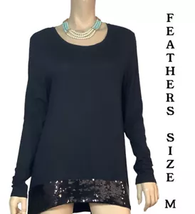 π» FEATHERS WOMENS SIZE M BLACK LIGHT STRETCH JERSEY SEQUINS HEMLINE TUNIC TOP - Foto 1 di 10