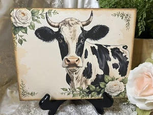 Cow, White Roses, Farmhouse Cottage, Handcrafted Plaque / Sign - Picture 1 of 3