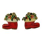 VTG Christmas Broch Red Santa Boots Enamel Rhinestones Clip On Earrings