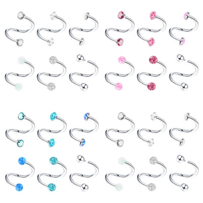 6pc Opal CZ Internal Thread Spiral Ear Stud Lip Eyebrow Steel Ring Piercing Set Foto 1 de 4