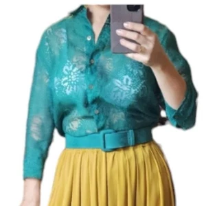 Blusa Mirasol Transparente Mezcla de Lino Top Verde Floral Tela Burnout Manga 3/4 Talla M - Imagen 1 de 14