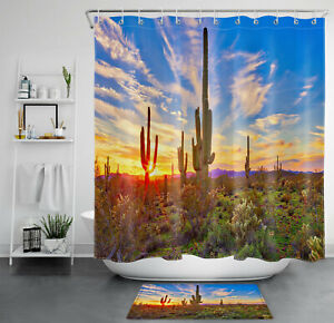 Tropical Plants Cactus Sunset Natural Scenery Shower Curtain Set Bathroom Decor