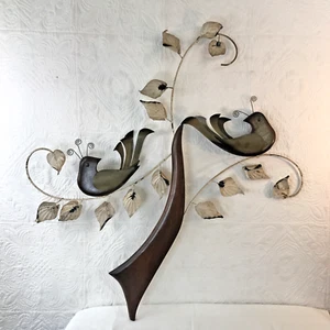 METAL WOOD LARGE LOVE BIRDS TREE LEAF WALL HANGING ART MCM MASKETEERS STYLE - Picture 1 of 10