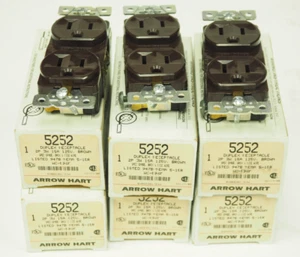 Qty 6 Vintage Arrow Hart 5252 BROWN Spec Grade Duplex Receptacles 2P 3W 15A 125V - Picture 1 of 2