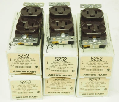Qty 6 Vintage Arrow Hart 5252 BROWN Spec Grade Duplex Receptacles 2P 3W 15A 125V - Image 1 of 2