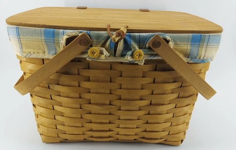 Longaberger 2003 Proudly American Large Picnic Basket Plaid Yellow Blue 16x10x15 Cover