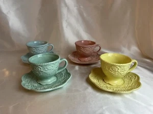 A Special Place Set Of 4 Teacup Saucer Sets Pastel Blue Green Pink Yellow Easter - Picture 1 of 7