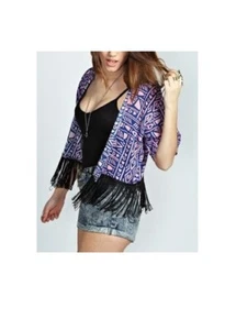 Boohoo Pink & Blue Geo Print Short Sleeve Tassel Kimono - Size S/M - Picture 1 of 3