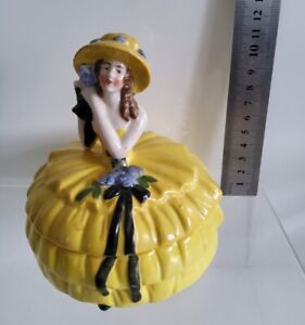 Art Deco Crinoline Lady Lidded Powder Bowl Porcelain Trinket Bowl Yellow Dress