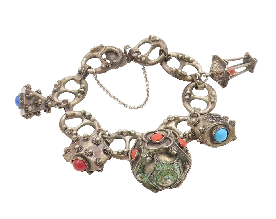 Pulsera de plata de ley 925 vintage con múltiples piedras preciosas eslabón antiguo BT11603 Foto 1 de 4