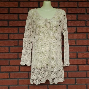 Crochet Sweater Sz M Beige Tunic Cottage Whimsical Floral Grandma Doily Boho - Picture 1 of 9