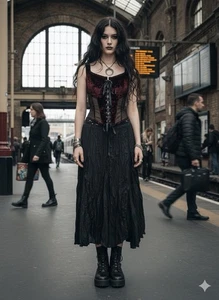 Carol Little Vintage schwarz Crinkle Gothic elastisch Stretch Maxirock y2k Whimsigoth M - Bild 1 von 9