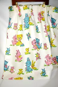 Barkcloth Nursery Curtains 3 Pinch Pleat Vtg Cat Bunny Dog Kitten Child 60s pair - Picture 1 of 8