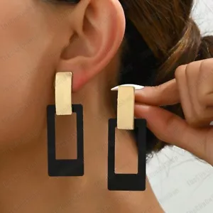CLIP ON non-pierced BLACK GOLD big SQUARE HOOP DROP EARRINGS statement UK - Picture 1 of 4