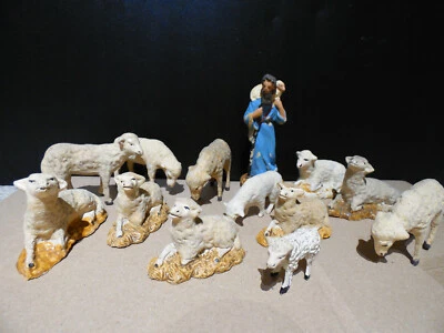 Lot ancien santon creche de NOEL 12 moutons et Berger Devineau - Photo 1/4