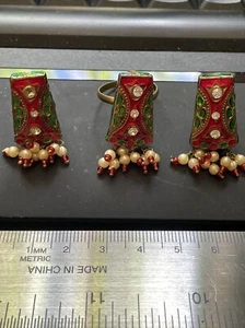 Indian Traditional Jewelry Brass Kundan Rani Meenakari Earrings & Ring Vintage - Picture 1 of 2
