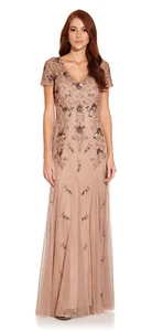 Adrianna Papell Rose Gold Beaded Godet Gown with Sheer Short Sleeves 0 $349 - Picture 1 of 3