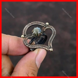 Round Natural Labradorite Solitaire Promise Wire Wrapped New Ring Jewelry Copper - Picture 1 of 6