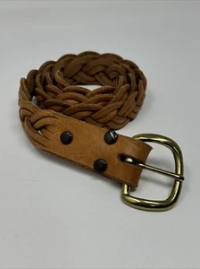 Braided Soft Leather Waist Belt Size L Tan Brown Brass Buckle Hand Made Mexico - Picture 1 of 6