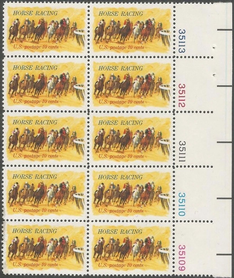 Plate Block of 10 stamps - Scott 1528 - 10 cent - Horse Racing - 1974 - MNH - Image 1 of 1