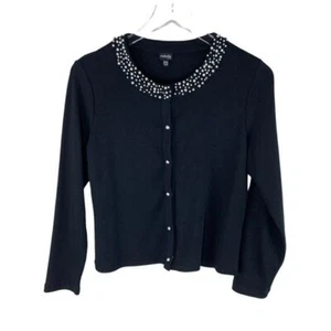 Rafaella Petites Black Sweater/Top PM Pearl Neckline Snap 100% Cotton - Picture 1 of 9
