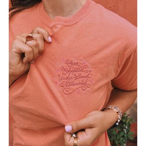 Read Receipts Embroidered Over Educated Underloved Millennial Graphic Tee size M - Picture 1 of 7