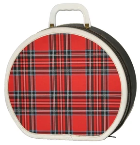 Round Train Case Red Black Gray White Tartan Plaid Zip Luggage 12.25 x 11 x 4.5 - Picture 1 of 17