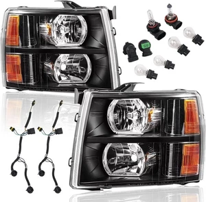 Headlight Assembly for 07-13 Silverado 1500 07-14 2500HD 3500 w/ Bulbs Black - Picture 1 of 9