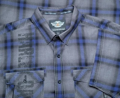 Harley Davidson Plaid Button Shirt Men's XL Blue & Gray HD Brand Graphics Skull  - Image 1 of 4