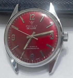 PHILLY DE LUXE VINTAGE WATCH Burgundy DIAL WORKING SERVICED - Picture 1 of 4