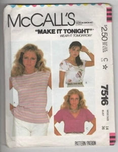 McCalls 7516 Misses Pullover Top in 3 Styles Size 14 Bust 36 Sewing Pattern - Picture 1 of 2