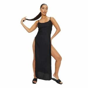 PrettyLittleThing Black Cotton High Leg Split Maxi Beach Dress | US 6 - Picture 1 of 5