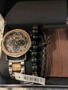 HERREN BRAUNES ZIFFERBLATT QUARZWERK MIT LEDERARMBÄNDERN UND GELDBÖRSE BESETZT - Bild 1 von 1