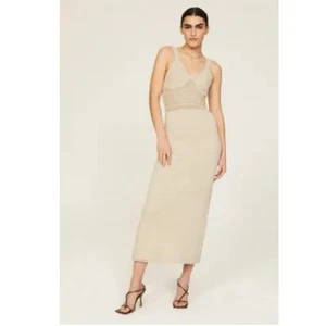 Ronny Kobo Crochet Knit Midi Dress XL Tan Halter Boho Repaired - Picture 1 of 8