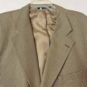 Chaps Ralph Lauren Sport Coat Blazer Mens 48R Beige Houndstooth Silk Wool Blend - Picture 1 of 8