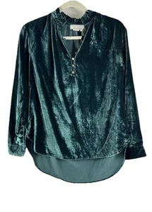 By Anthropologie Womens XS Velvet Shirt Green Whimsical Ruffle Blouse Western - Picture 1 of 17