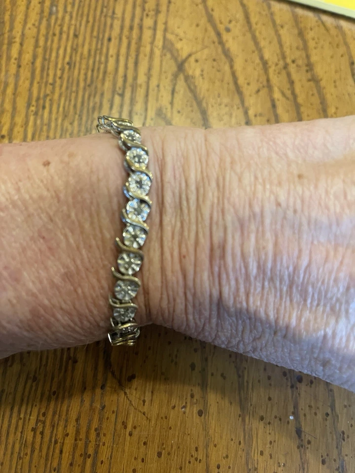 Antiga pulseira de tênis de diamante esterlina testada fecho de segurança 7,5 polegadas tom dourado 14 gramas - Imagem 1 de 4